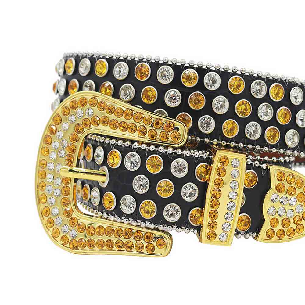 Black Strap With Gold & Faceted Crystal Adorned Rhinestone Belt