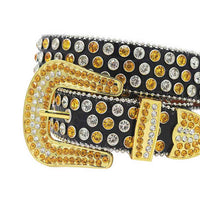 Black Strap With Gold & Faceted Crystal Adorned Rhinestone Belt