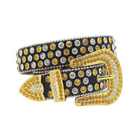 Black Strap With Gold & Faceted Crystal Adorned Rhinestone Belt