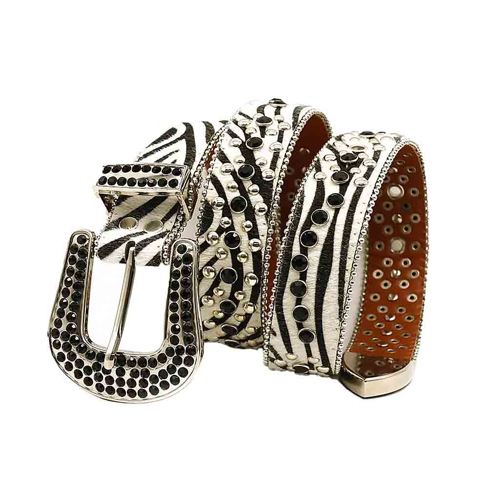 White Printed Strap With Black Adorned Rhinestone Belt