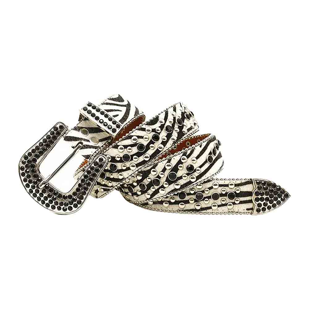 White Printed Strap With Black Adorned Rhinestone Belt