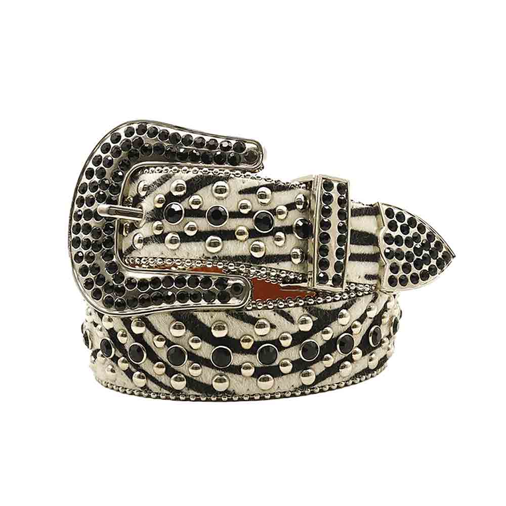 White Printed Strap With Black Adorned Rhinestone Belt