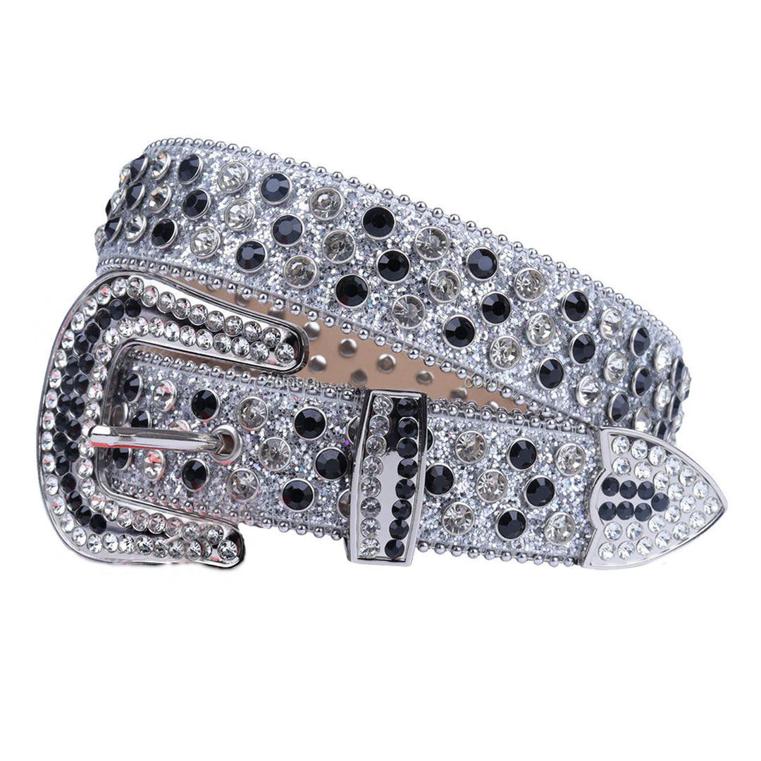 Grey Sparkly Strap With Black & Silver Rhinestone Belt