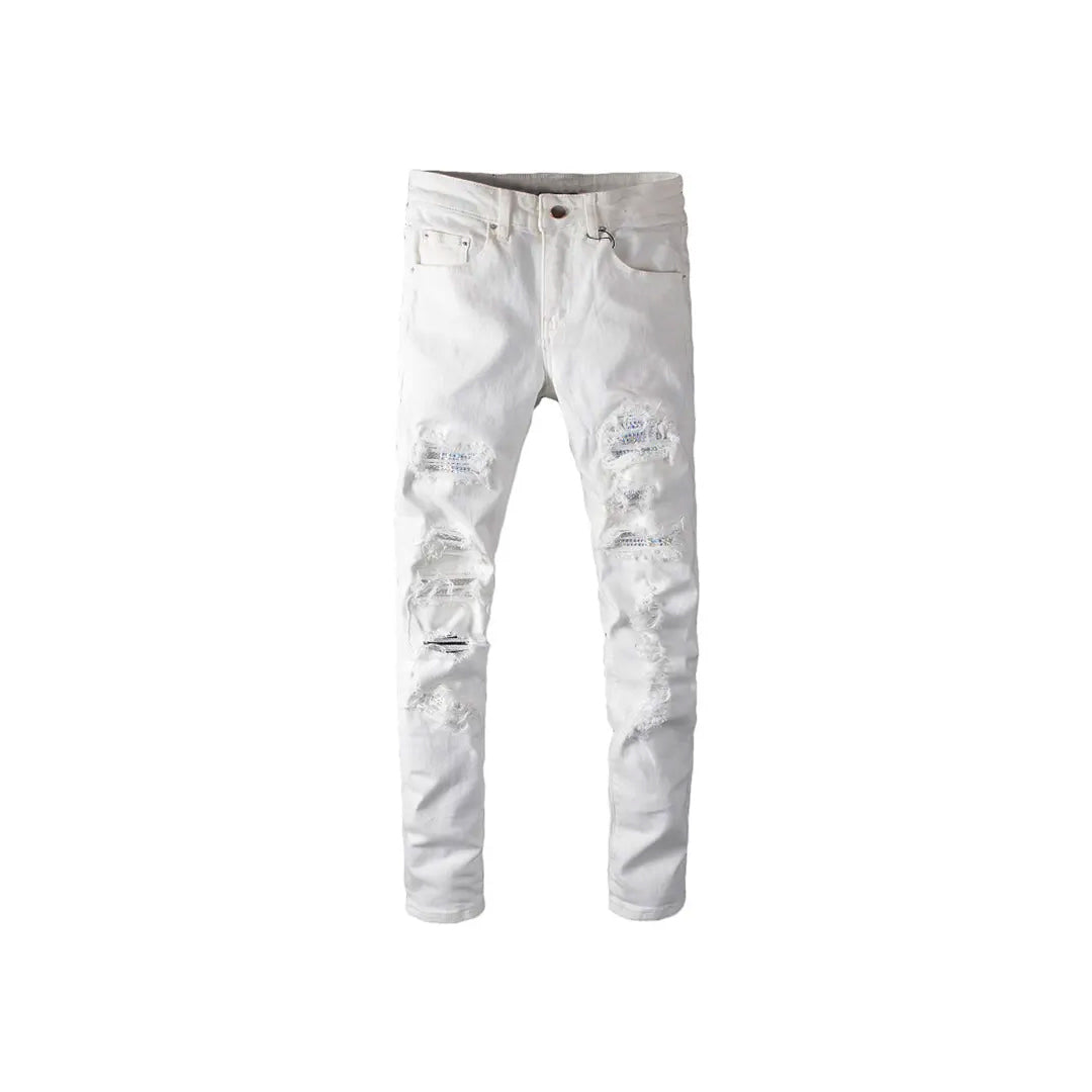 Men's White Faceted Crystal Stones Slim Skinny Jeans