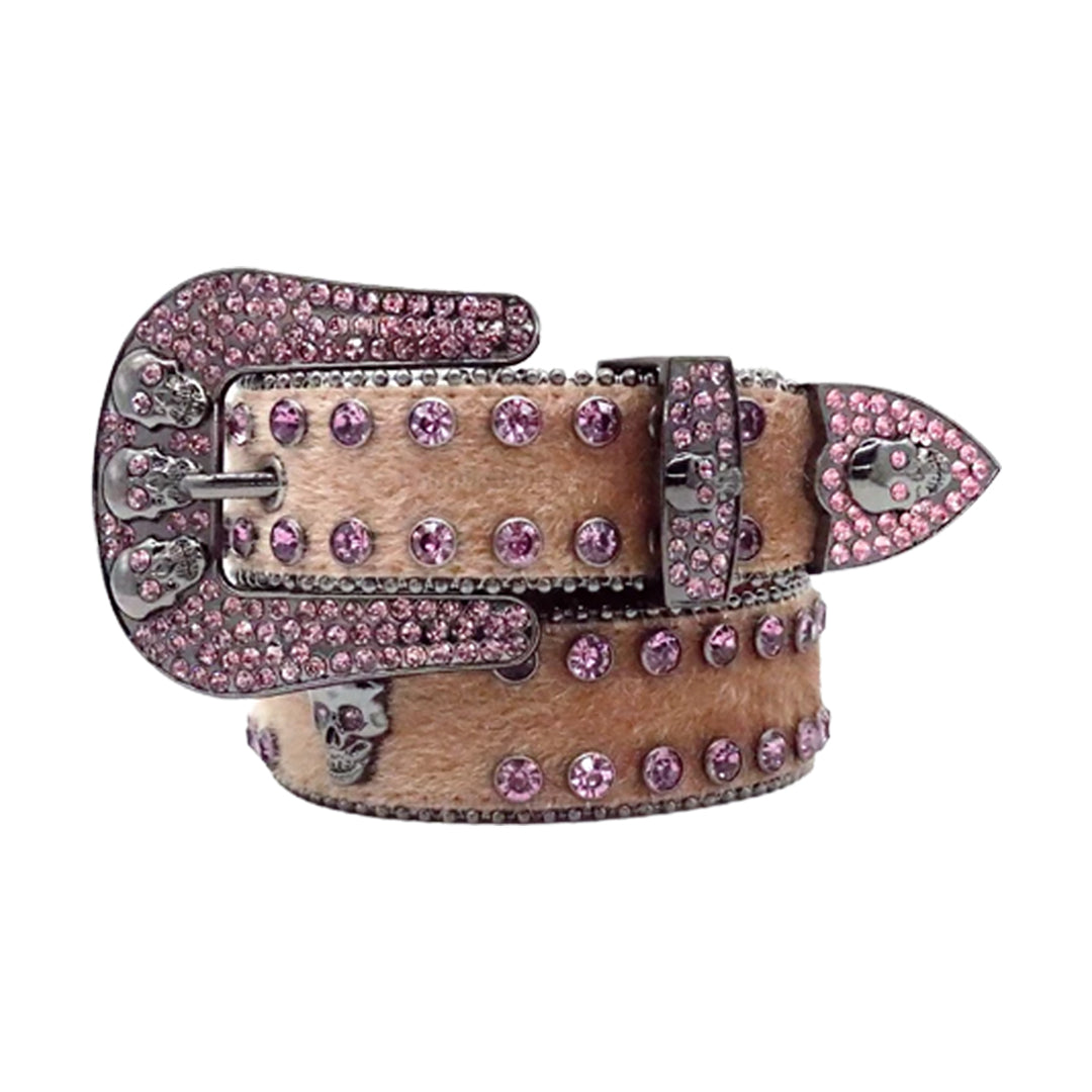 Skull Brown Strap With Faceted Crystal Pink Rhinestone Belt