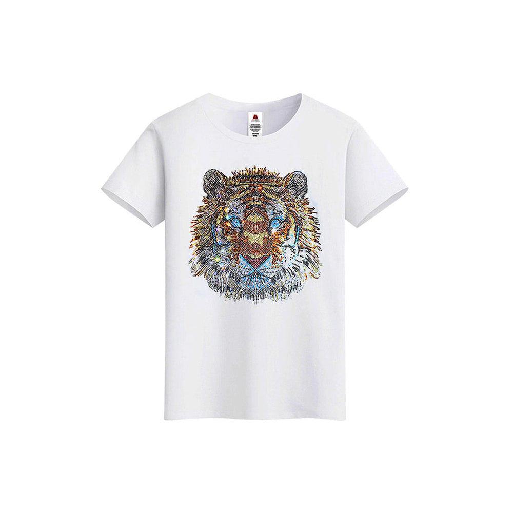 Men's Rhinestone Tiger Print Street-Style Short Sleeve Shimmer Sparkling Diamond T-Shirt