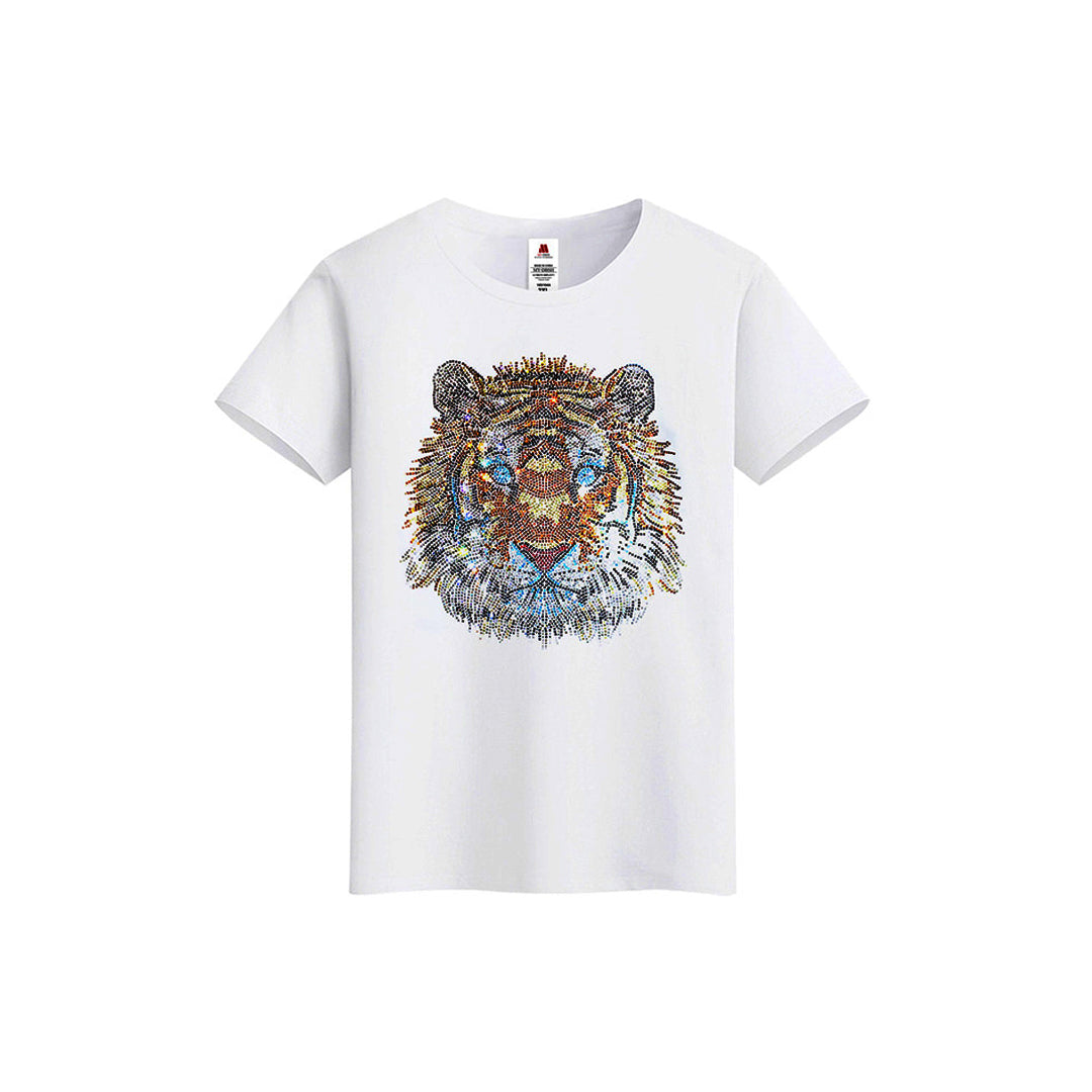 Men's Rhinestone Tiger Print Street-Style Short Sleeve Shimmer Sparkling Diamond T-Shirt