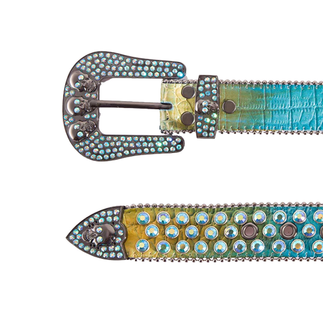 Skull Buckle Blue & Yellow Strap With Faceted Crystal Multi Rhinestone Belt