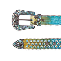 Skull Buckle Blue & Yellow Strap With Faceted Crystal Multi Rhinestone Belt