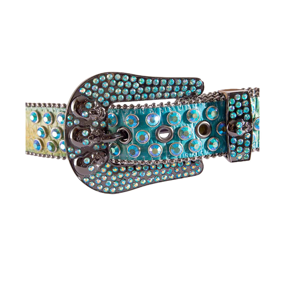 Skull Buckle Blue & Yellow Strap With Faceted Crystal Multi Rhinestone Belt