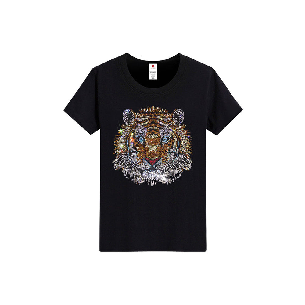 Men's Rhinestone Tiger Print Street-Style Short Sleeve Shimmer Sparkling Diamond T-Shirt