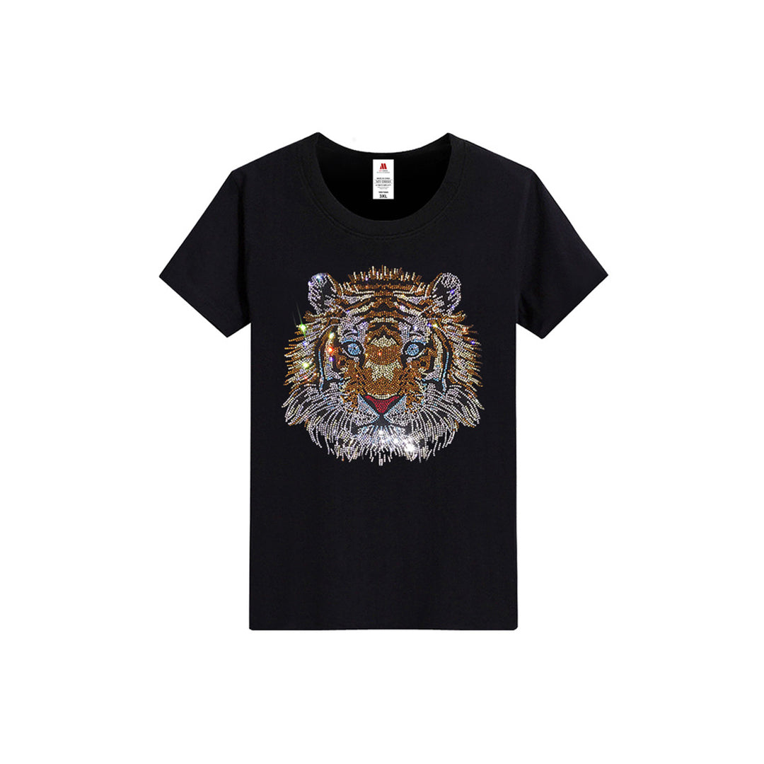Men's Rhinestone Tiger Print Street-Style Short Sleeve Shimmer Sparkling Diamond T-Shirt