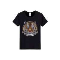 Men's Rhinestone Tiger Print Street-Style Short Sleeve Shimmer Sparkling Diamond T-Shirt