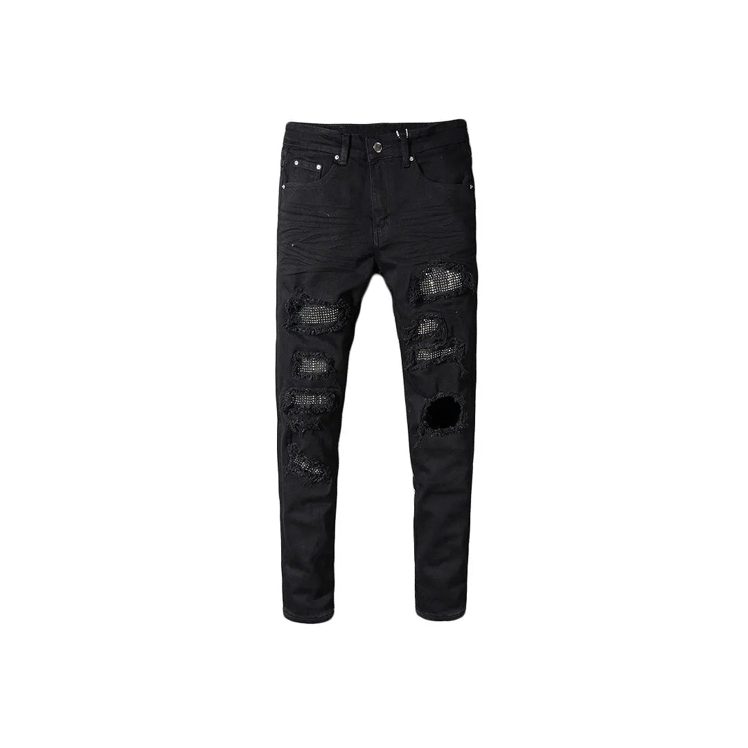 Men's Ripped Patchwork Faceted Crystal Studs Denim Jeans