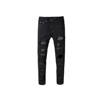 Men's Ripped Patchwork Faceted Crystal Studs Denim Jeans