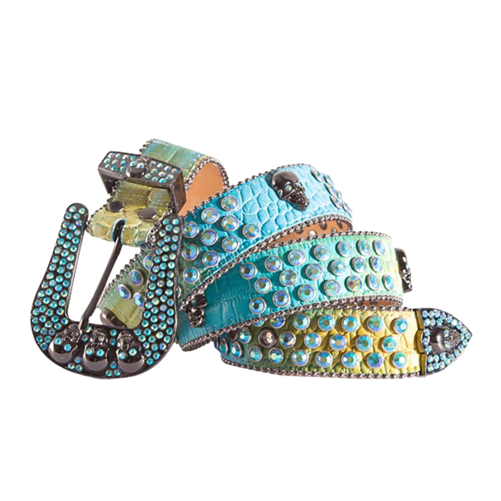 Skull Buckle Blue & Yellow Strap With Faceted Crystal Multi Rhinestone Belt