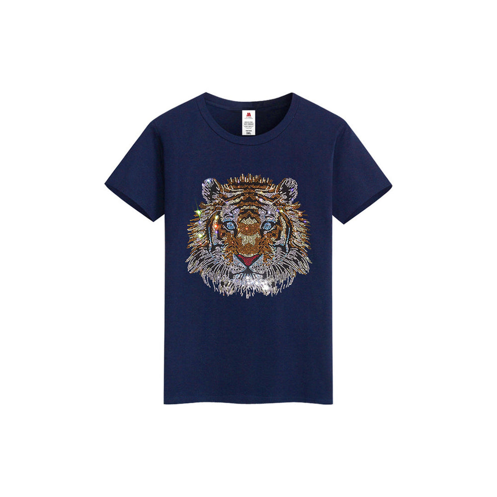 Men's Rhinestone Tiger Print Street-Style Short Sleeve Shimmer Sparkling Diamond T-Shirt