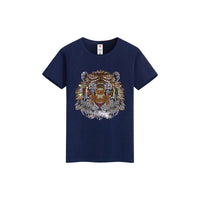 Men's Rhinestone Tiger Print Street-Style Short Sleeve Shimmer Sparkling Diamond T-Shirt