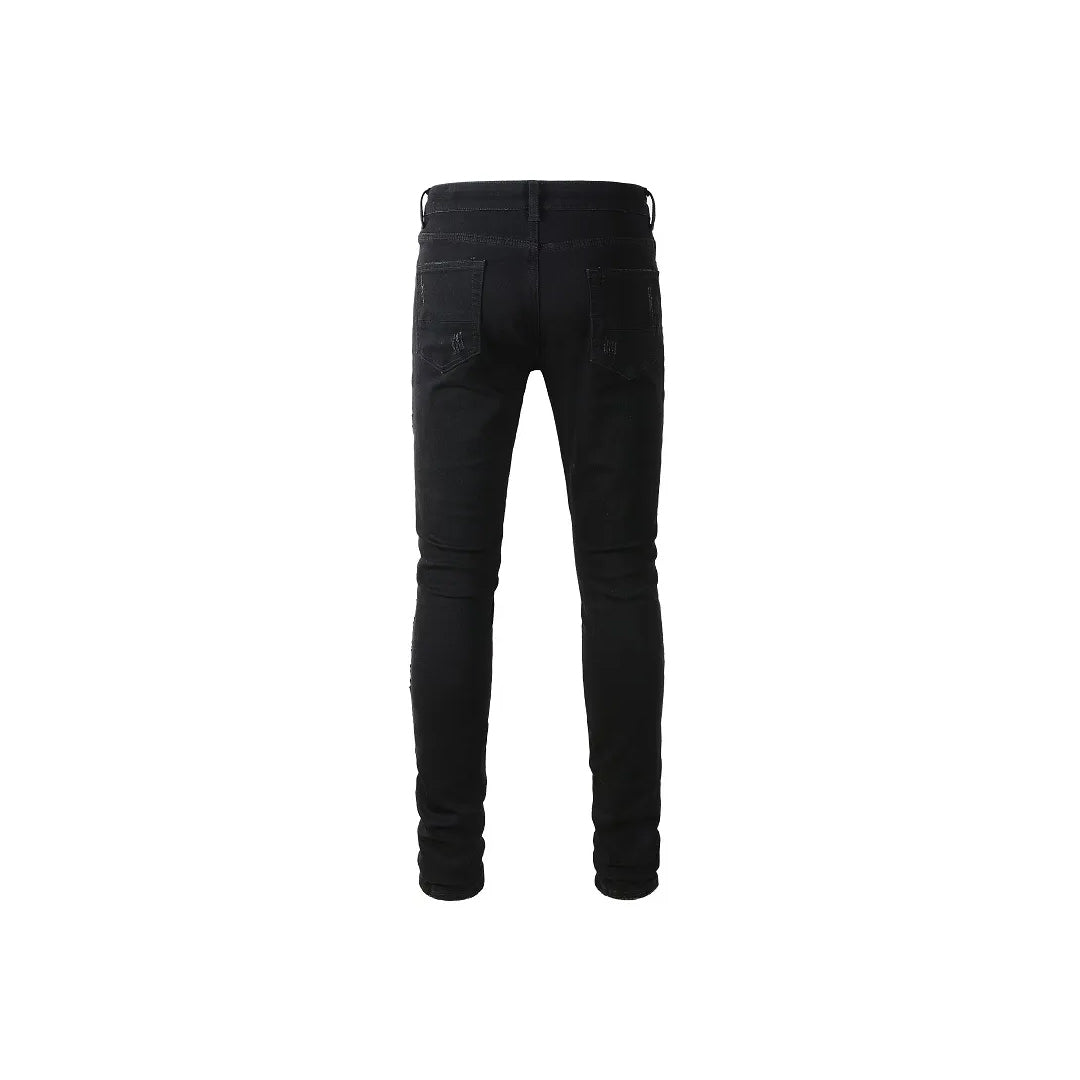 Men's Ripped Patchwork Faceted Crystal Studs Denim Jeans