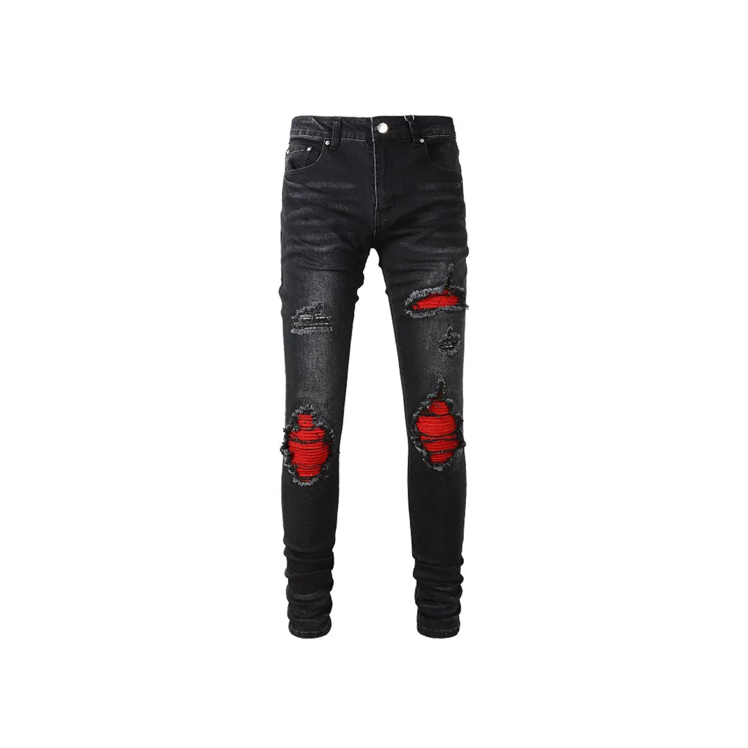 Men's Stretch Distressed Patched Biker Denim Pants