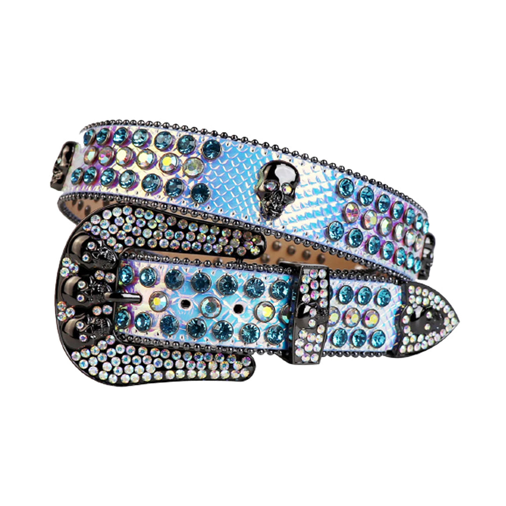 Skull Buckle Multi Strap With Blue & Multi Rhinestone Statement Belt