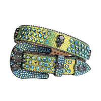 Skull Buckle Sparkly Gold Strap With Multi Rhinestone Belt