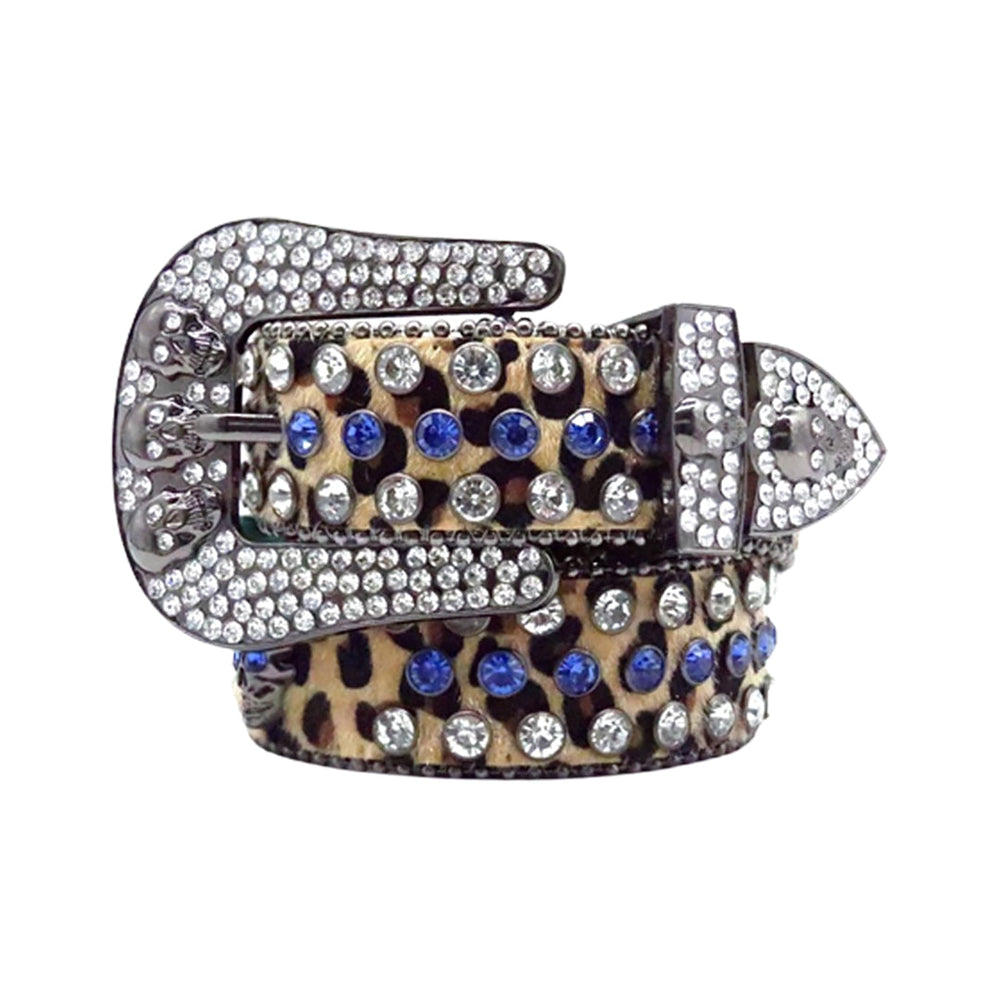 Leopard Print Strap Skull Buckle With Faceted Crystal & Blue Rhinestone Belt