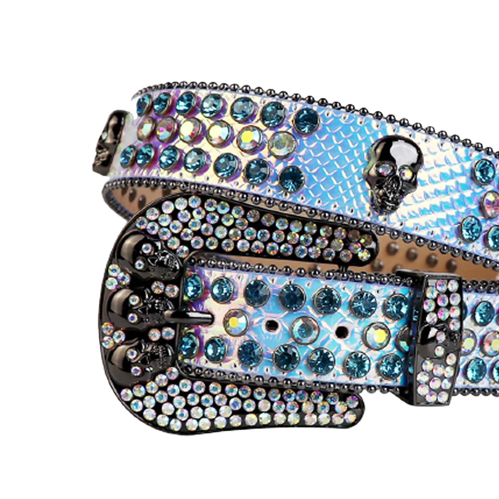 Skull Buckle Multi Strap With Blue & Multi Rhinestone Statement Belt