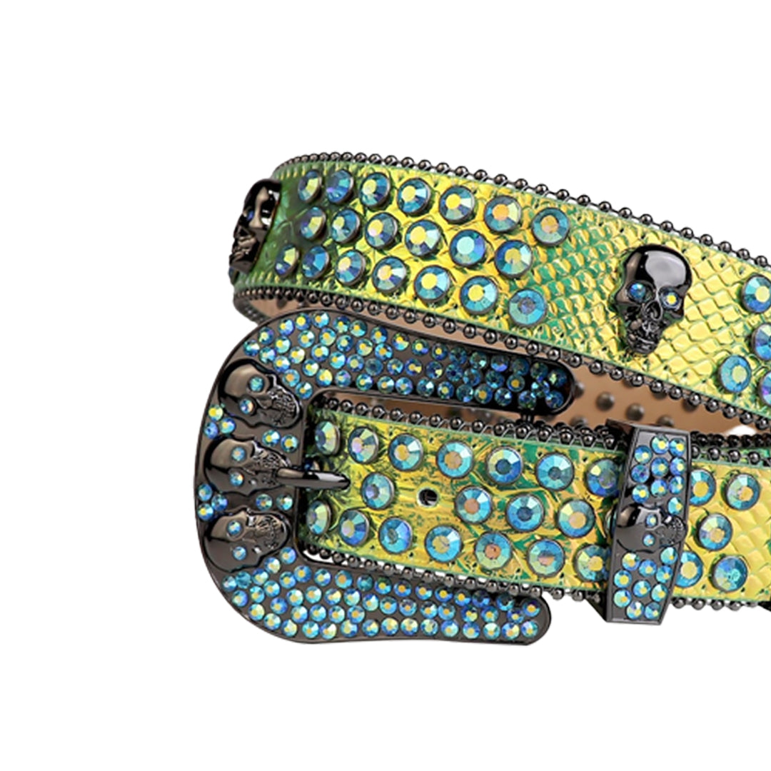 Skull Buckle Sparkly Gold Strap With Multi Rhinestone Belt