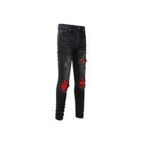 Men's Stretch Distressed Patched Biker Denim Pants