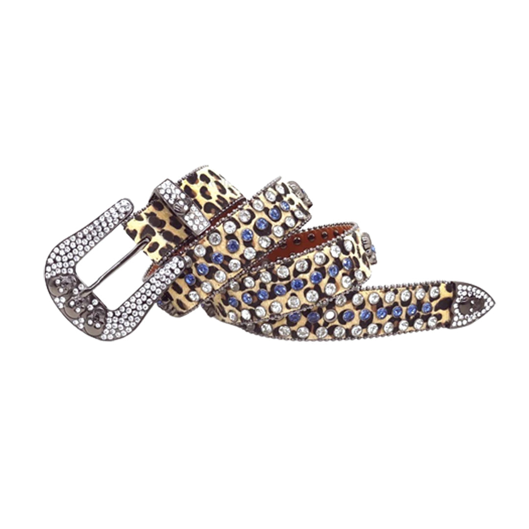 Leopard Print Strap Skull Buckle With Faceted Crystal & Blue Rhinestone Belt
