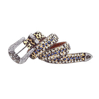 Leopard Print Strap Skull Buckle With Faceted Crystal & Blue Rhinestone Belt