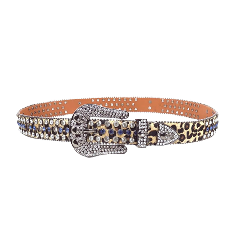 Leopard Print Strap Skull Buckle With Faceted Crystal & Blue Rhinestone Belt