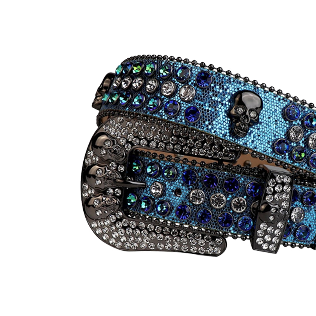 Sparkly Blue Strap Skull Buckle With Blue & Crystal Adorned Rhinestone Belt