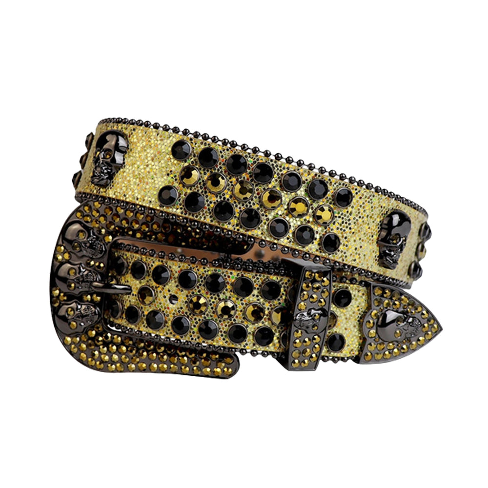 Skull Buckle Gold Strap With Black & Gold Lustrous Rhinestone Belt