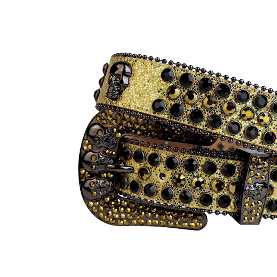 Skull Buckle Gold Strap With Black & Gold Lustrous Rhinestone Belt