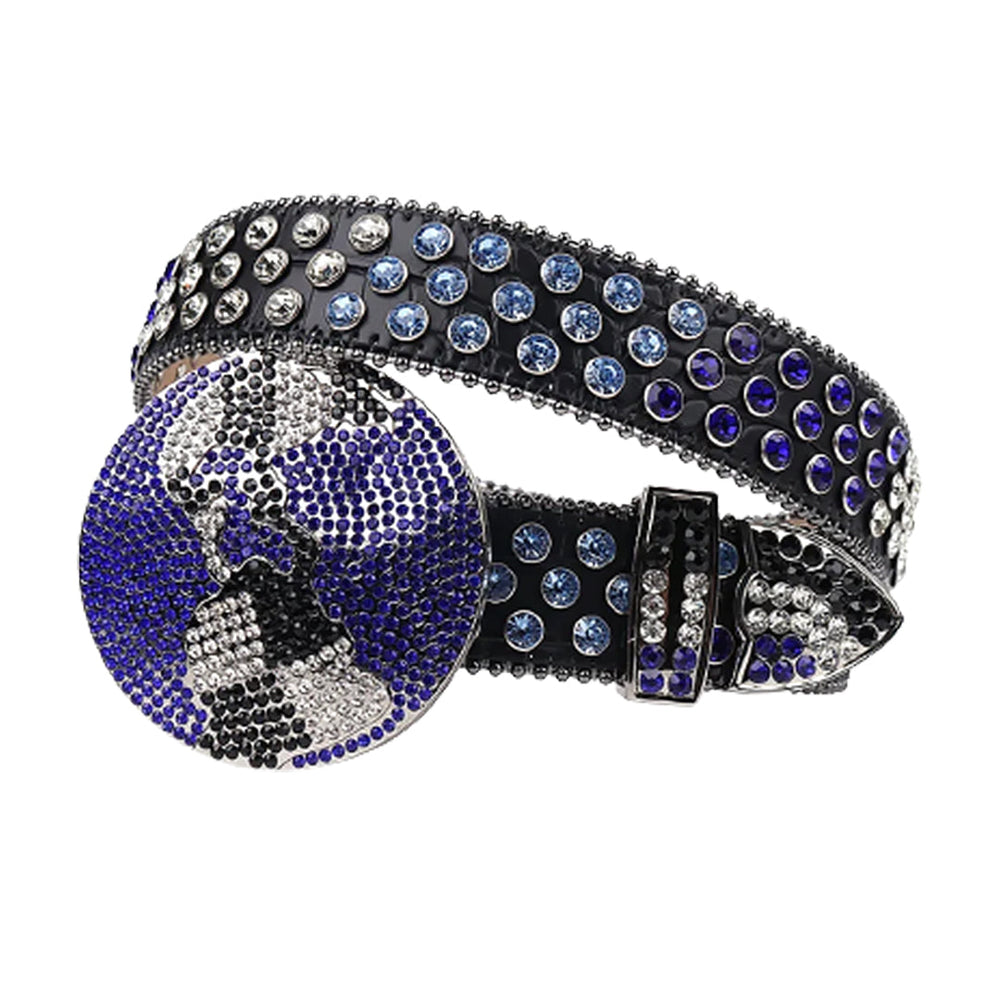 Black Strap Globe Buckle With Purple & Blue Faceted Crystal Embellished Rhinestone Belt