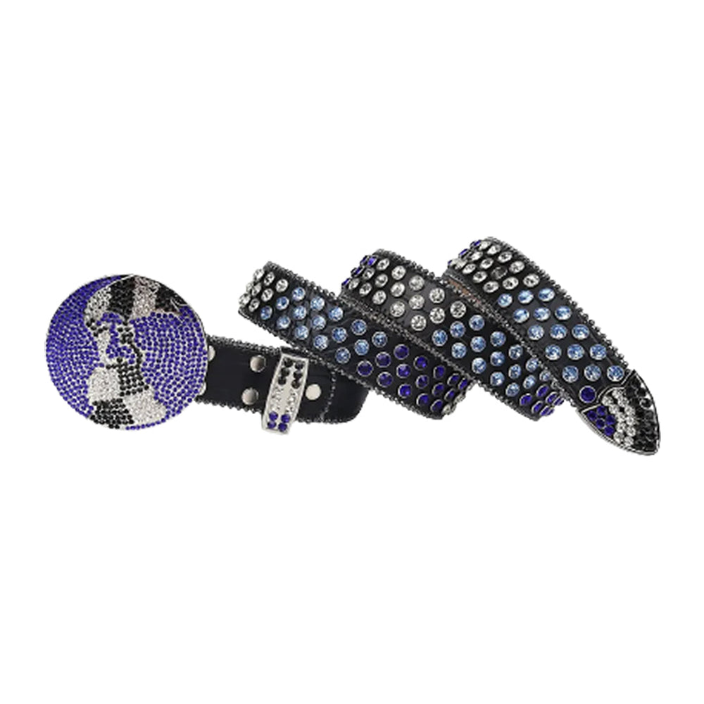 Black Strap Globe Buckle With Purple & Blue Faceted Crystal Embellished Rhinestone Belt