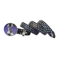 Black Strap Globe Buckle With Purple & Blue Faceted Crystal Embellished Rhinestone Belt