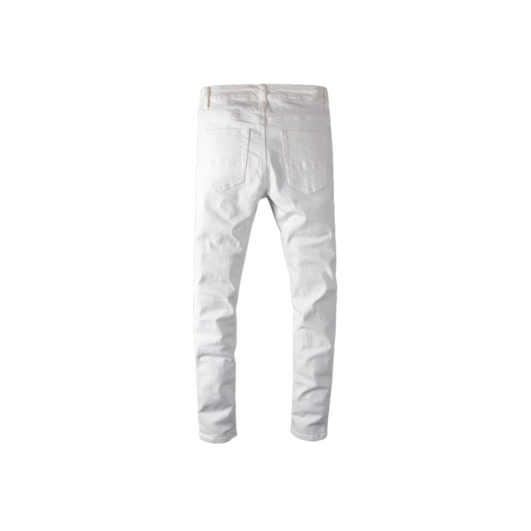 Men's White Faceted Crystal Stones Slim Skinny Jeans
