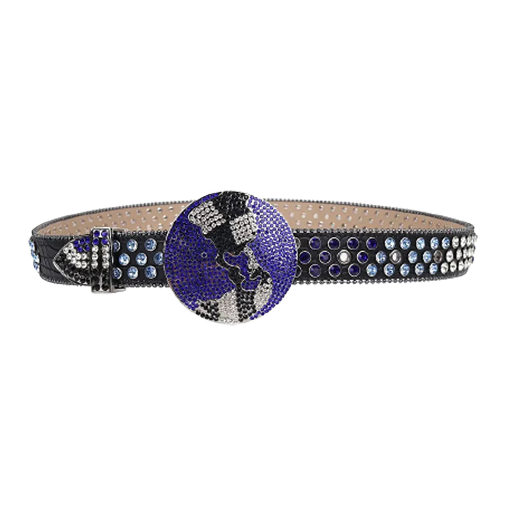 Black Strap Globe Buckle With Purple & Blue Faceted Crystal Embellished Rhinestone Belt