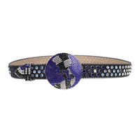 Black Strap Globe Buckle With Purple & Blue Faceted Crystal Embellished Rhinestone Belt