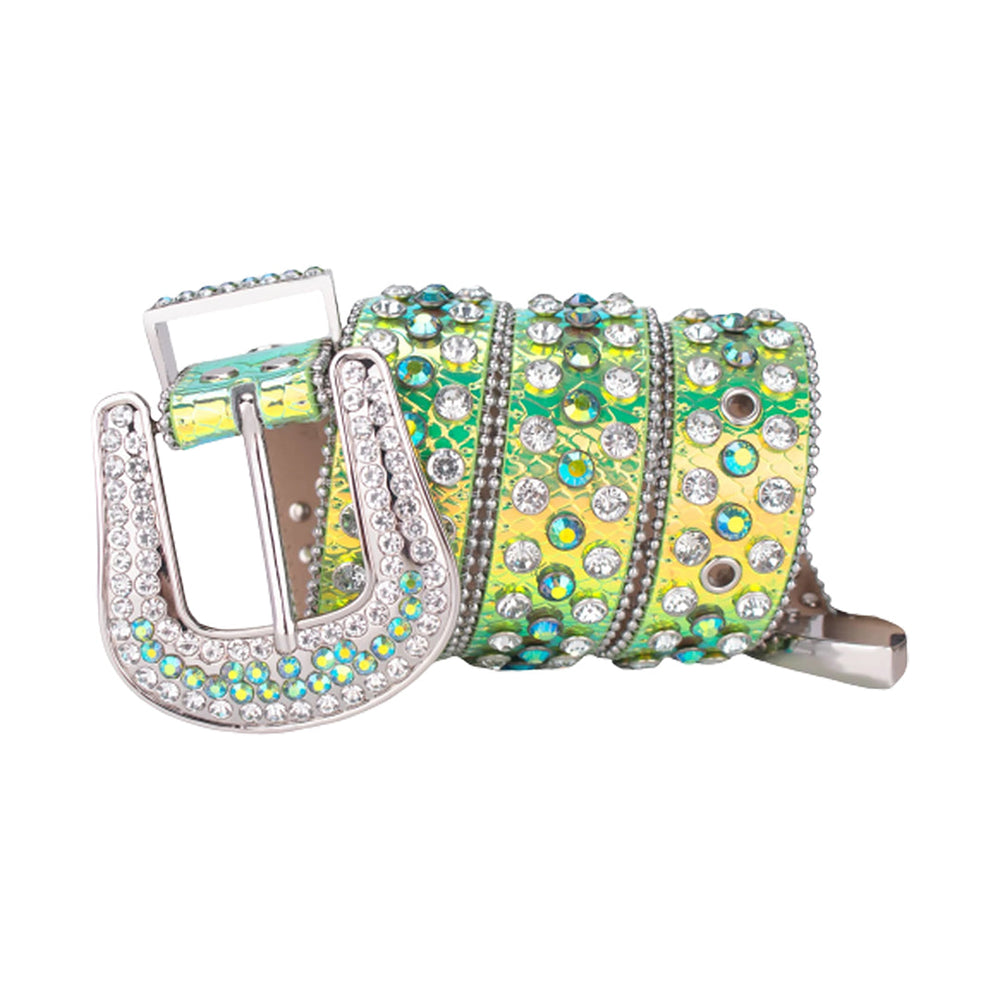 Shiny Green Strap With Faceted Crystal Embellished Rhinestone Belt