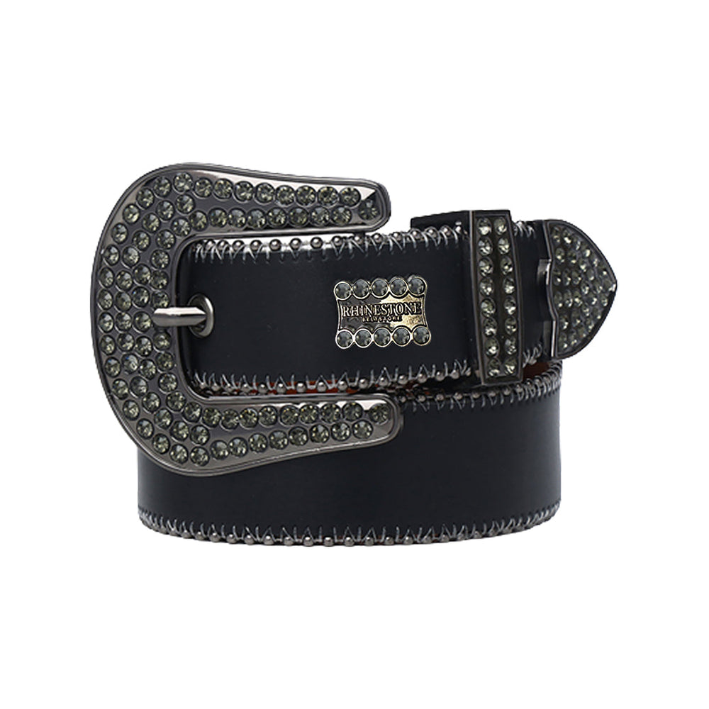 Black Strap With Grey Stone & Rhinestone Logo Statement Belt