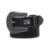 Black Strap With Grey Stone & Rhinestone Logo Statement Belt
