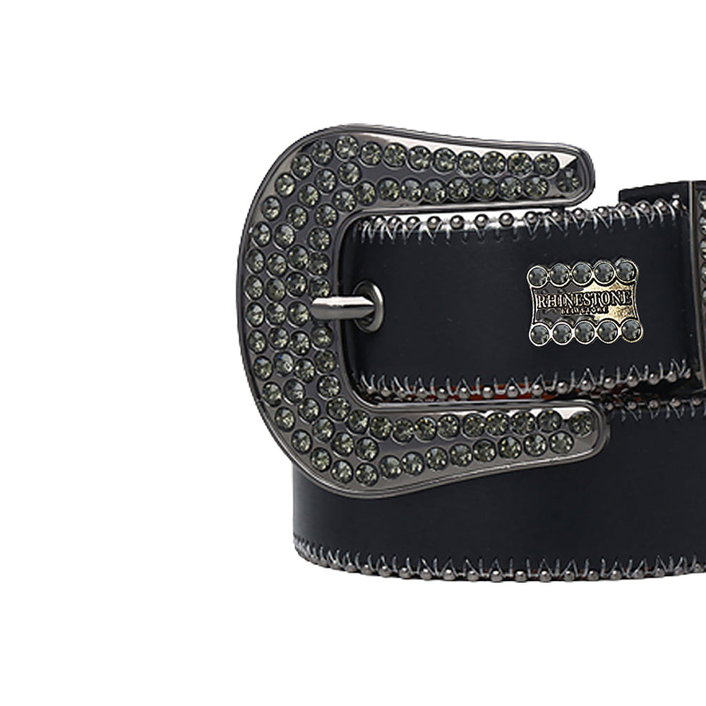 Black Strap With Grey Stone & Rhinestone Logo Statement Belt