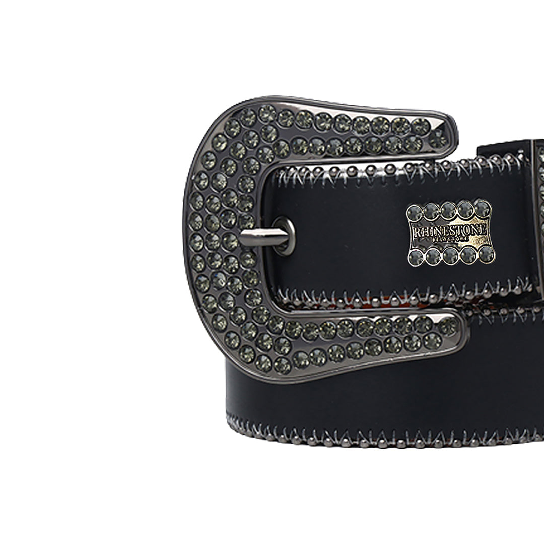 Black Strap With Grey Stone & Rhinestone Logo Statement Belt