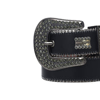 Black Strap With Grey Stone & Rhinestone Logo Statement Belt