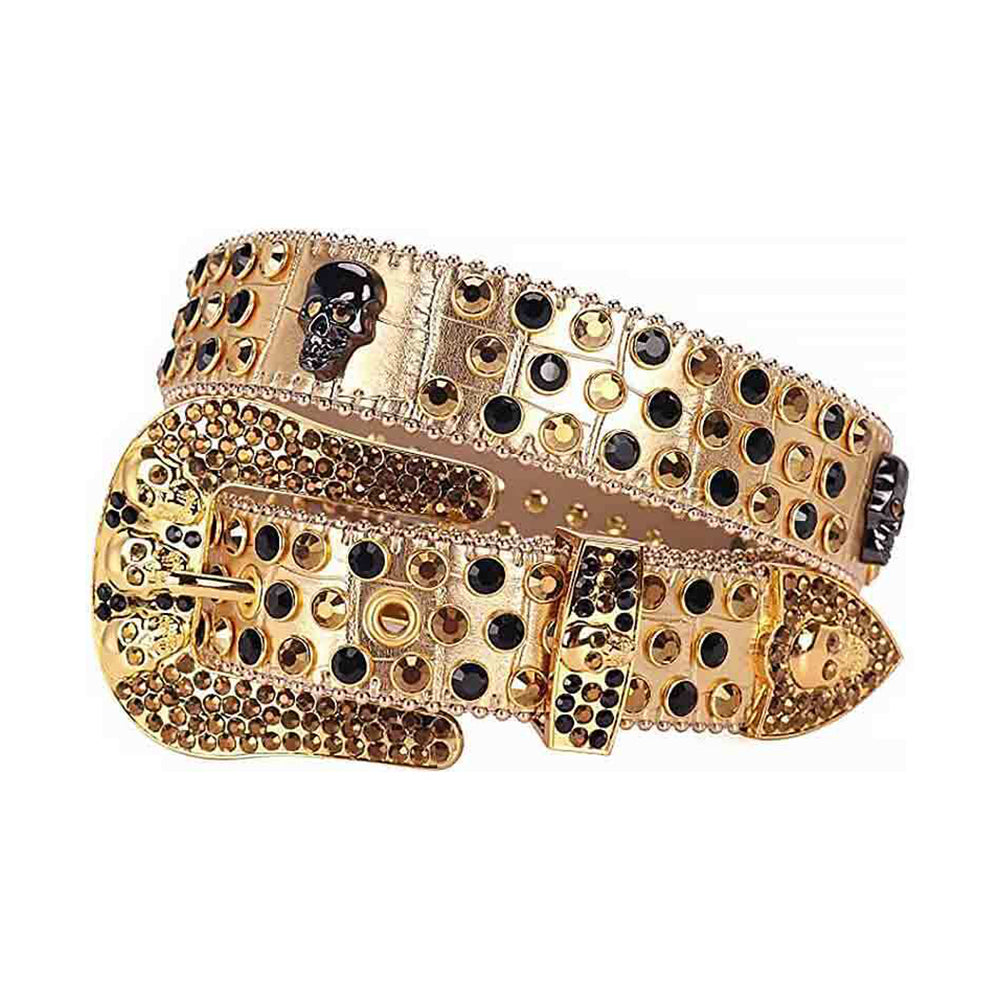 Gold Strap With Black & Gold Embellished Rhinestone Skulls Belt