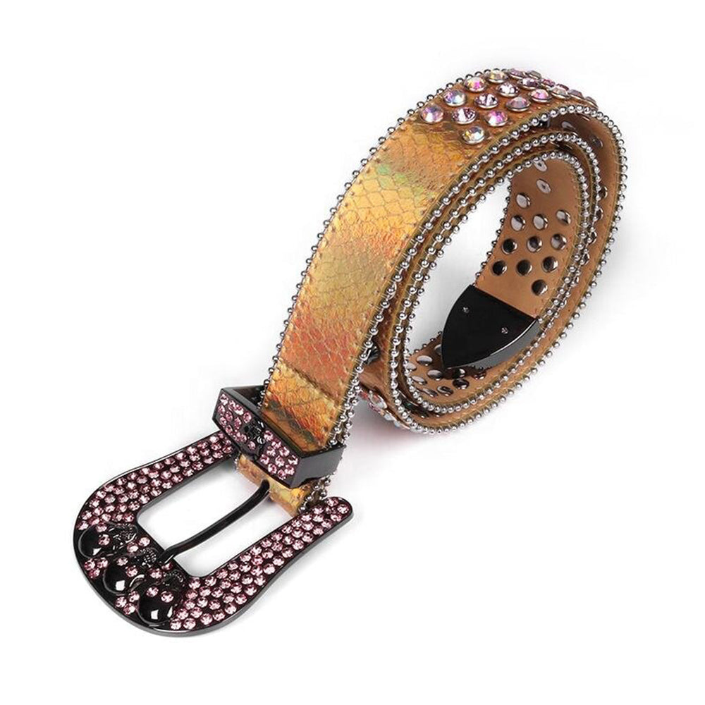 Gold Strap Skull Buckle With Sparkly Pink & Multi Rhinestone Belt